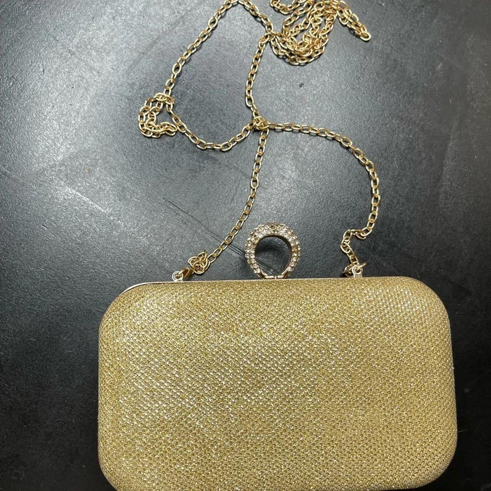 Gold Glitter Rectangle Clutch with Chain Strap